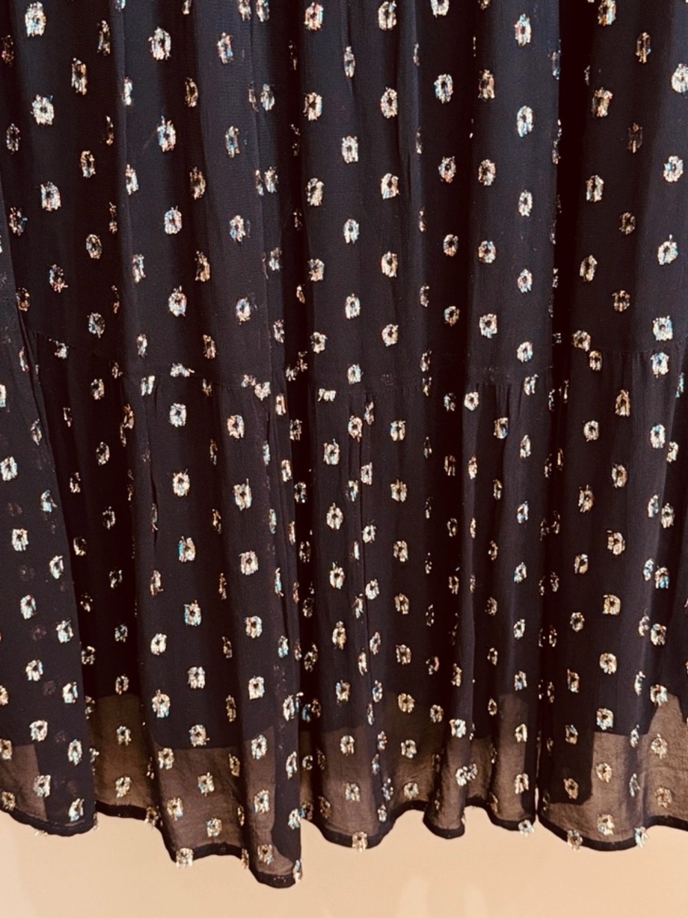 LOFT Black Sheer Long Sleeve Midi Tiered Babydoll Dress w/ metallic Gold tinsel - Picture 9 of 9